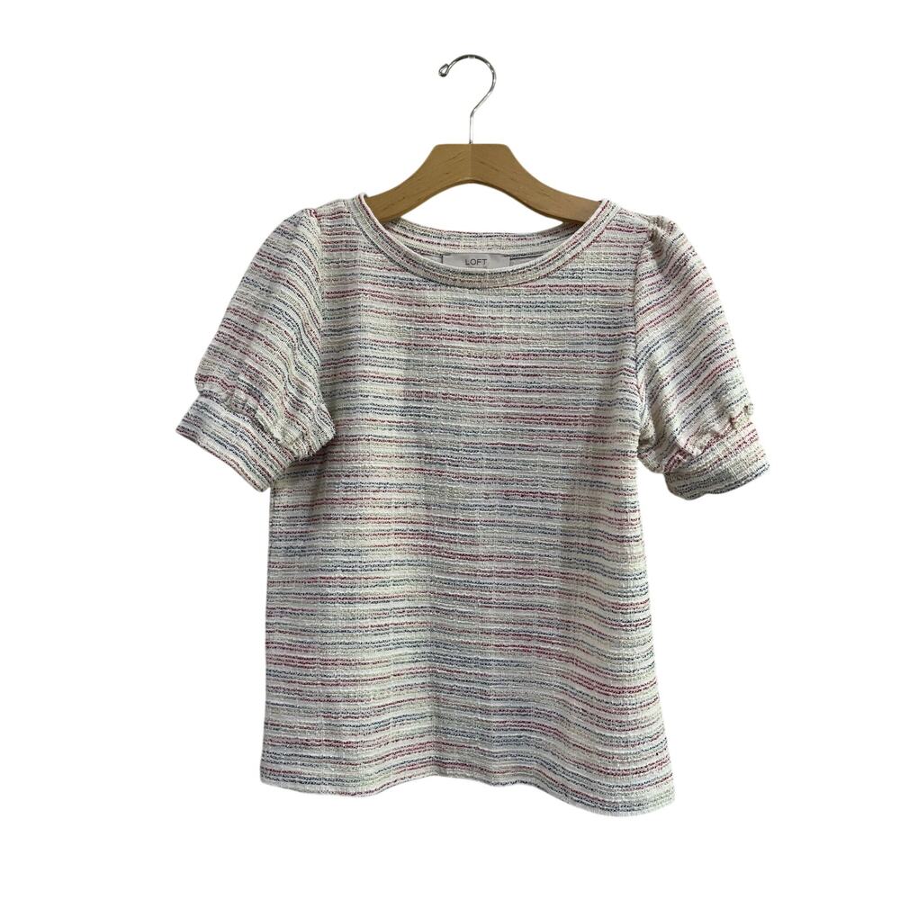 LOFT Tweed Puff Sleeve Textured Top Blouse Size XS Workwear Career Office